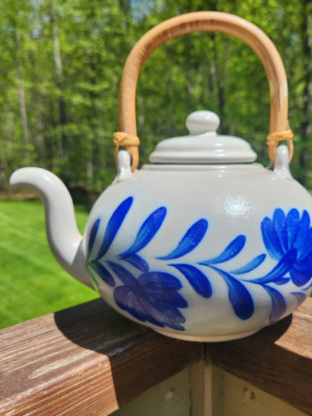 Salmon Falls Stoneware Teapot 1999 Blue Pennsylvania Penn Bamboo Handle Dover NH